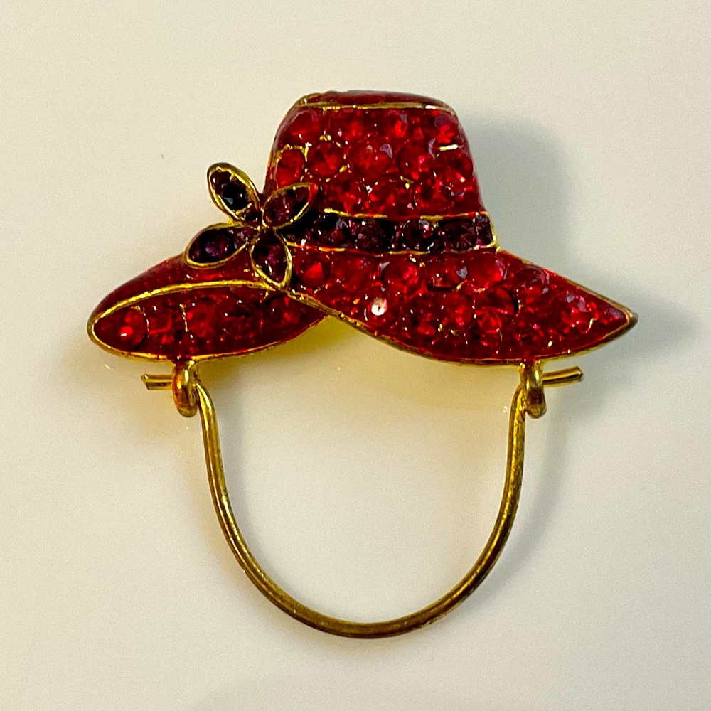 Red Hat Society brooch in purplish red pavé enamel and rhinestones